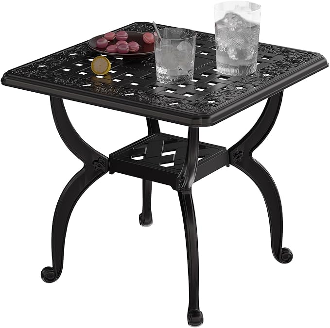 Cast Aluminum Outdoor Side Table, All Weather Square Bistro Table, Outdoor Coffee Table, Small End Table for Patio, Indoor, Lawn, Garden, Black