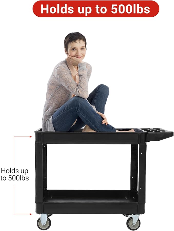 Service Cart 2-Shelf, Storage Handle, 500 lbs Capacity, for Warehouse/Garage/Cleaning/Manufacturing，45"X25" Black