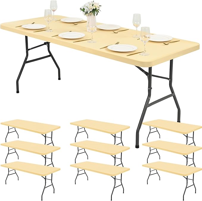10 Pack Stretch Fabric Table Top Cap Cover, Beige Table Covers fits 8Ft Tables, Washable Elastic Universal Rectangle Tablecloth Protector for Indoor Outdoor Party Picnic Wedding (30" W x 96" L)