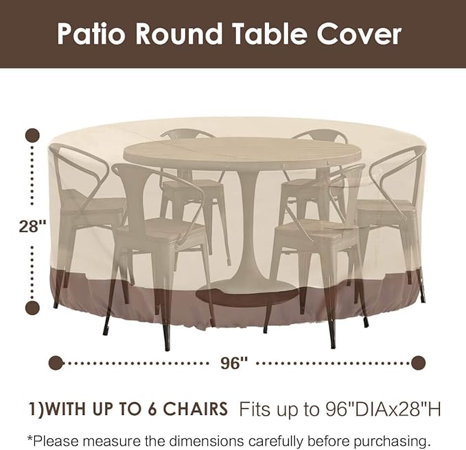 Vailge Round Patio Furniture Covers, 100% Waterproof Outdoor Table Chair Set Covers, Anti-Fading Cover for Outdoor Furniture Set, UV Resistant (Beige&brown, 96"DIAx28"H)