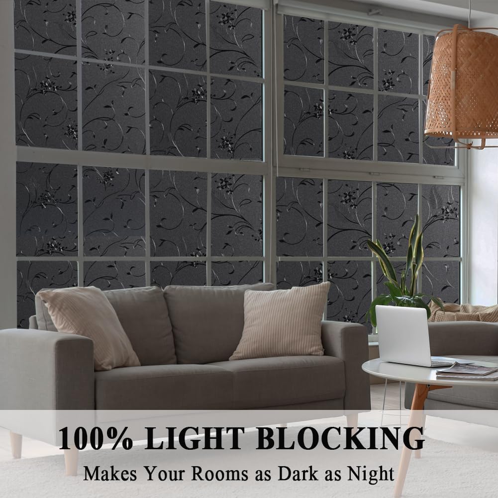 Mikomer Total Blackout Window Film,100% Light Blocking Privacy Glass Door Film Etched Flowers,Room Darkening Window Cling,No Glue/Heat Control/Anti UV for Day Sleep & High Privacy,23.6In. by 118In.