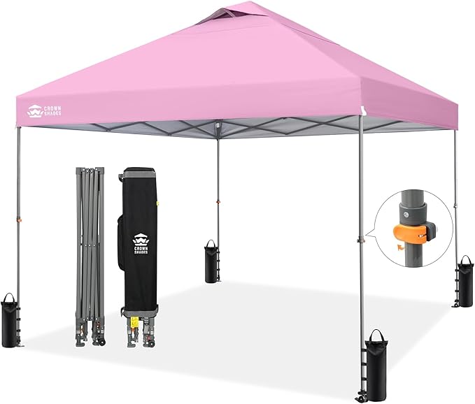 CROWN SHADES Adjustable Height on The Fly, 10x10 Pop Up Canopy - Beach Tent with One Push Setup - Easy Outdoor Sun Shade for Events, Parties, Camping - Outside Shade with STO-N-Go Bag, Pink