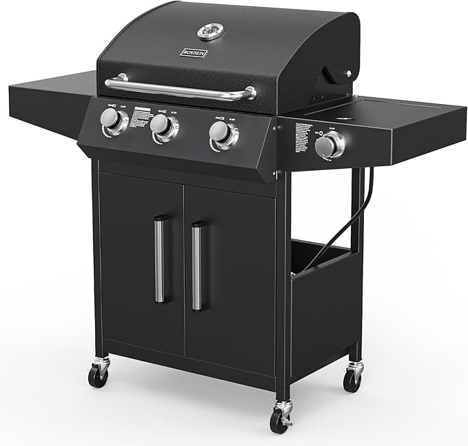 ROVSUN 3-Burner Propane Gas BBQ Grill with Side Burner & Enameled Cast Iron Grates, 46,000 BTU Barbecue Grill with Wheels for Outdoor Patio Backyard Cooking Grilling, Black