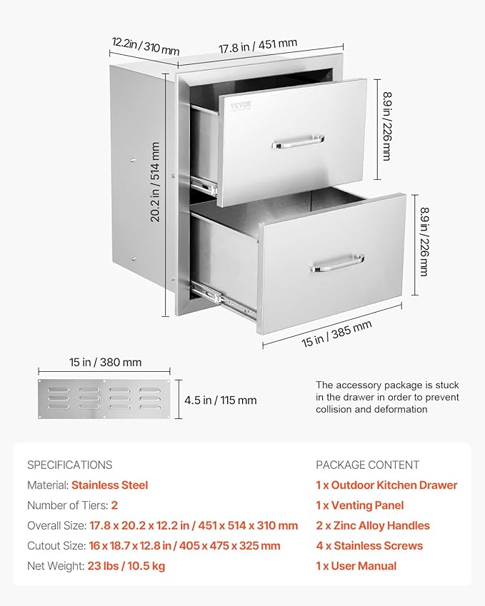 VEVOR Outdoor Kitchen Drawers, 17.8W x 20.2H x 12.2D Inch, Flush Mount Double BBQ Drawer, Stainless Steel BBQ Island with Handle, for Outdoor Kitchens or Patio Grill Station