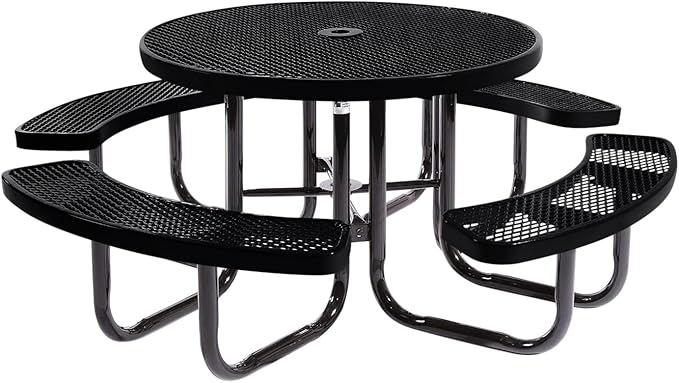 COATEDOUTDOORFURNITURE Heavy-Duty Portable Outdoor Picnic Table with Umbrella Hole, Expanded Metal Commercial-Grade Patio Dining Furniture Made in America (46" Round Top, Black)