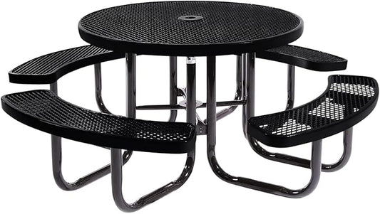 COATEDOUTDOORFURNITURE Heavy-Duty Portable Outdoor Picnic Table with Umbrella Hole, Expanded Metal Commercial-Grade Patio Dining Furniture Made in America (46" Round Top, Black)