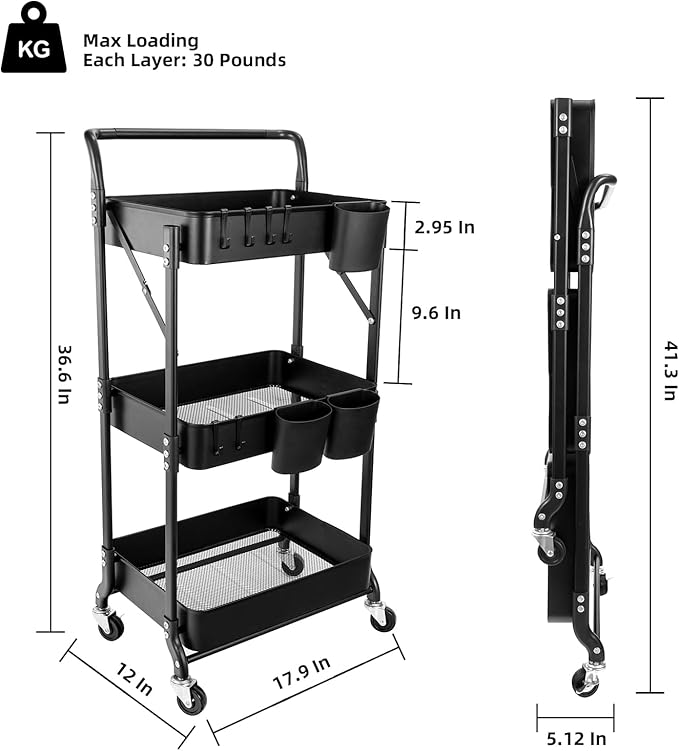 3 Tier Foldable Rolling Cart with Wheels, Folding Utility Cart Organizer, Collapsible Rolling Storage Cart with 3 Hanging Cups & 6 Hooks for Kitchen, Office, Nursery(Black)