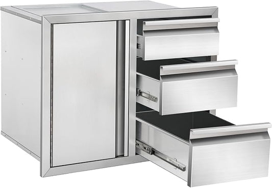 Outdoor Kitchen Drawer Combo Cabinet, Stainless Steel Triple Drawers with Integrated Access Door, 28" W x 22" H x 19.5" D Outdoor Built-in Cabinet for BBQ Island Grill Stations