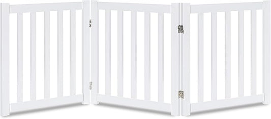 LZRS 3-Panel Wooden Free Standing Foldable Dog Gate Indoor – 24" High,Step-Over Safety Pet Gate for Doorways, Stairs, Hallways, Indoor Dog Barrier for Small to Medium Dogs & Puppies, White