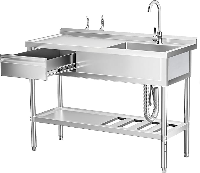 Stainless Steel Sink, Free Standing Single Bowl Commercial Kitchen Sink w/Workbench & Storage Shelf, w/Hot & Cold Water Pipes & Faucet for Laundry Room, Farmhouse, Indoor/Outdoor(47 inch)