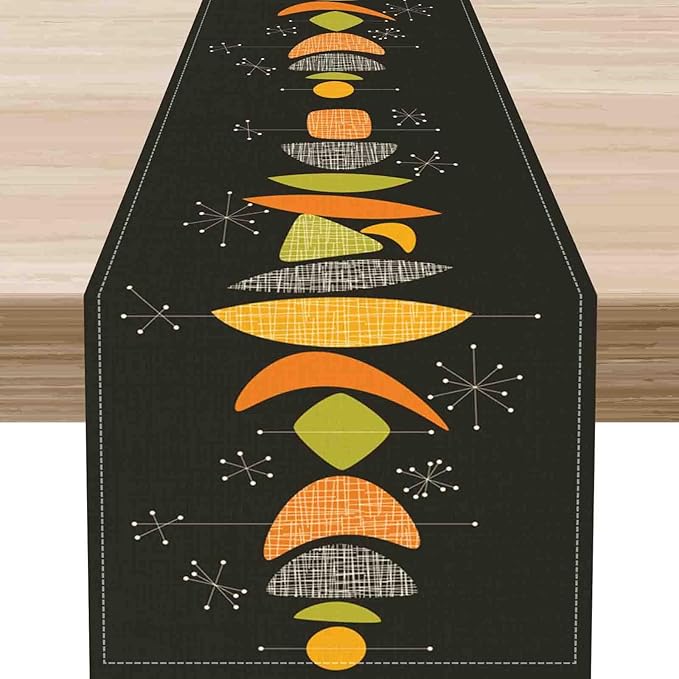 Mid Century Modern Table Runner, Retro 1950s Atomic Modern Abstract Black Orange Coffee Table Center Decor for Home Kitchen Dining Patio Holiday Party Table Decorations, 13"x90" Inch