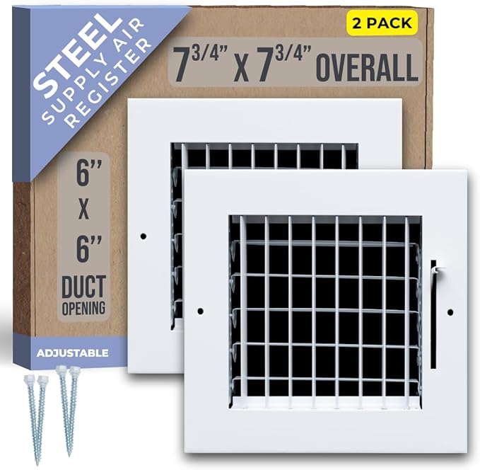[2 Pack] Fits 6x6 Duct Opening Steel Adjustable Air Supply Grille by Handua | Register Vent Cover Grill for Sidewall and Ceiling | White | Outer Size: 7.75" X 7.75"