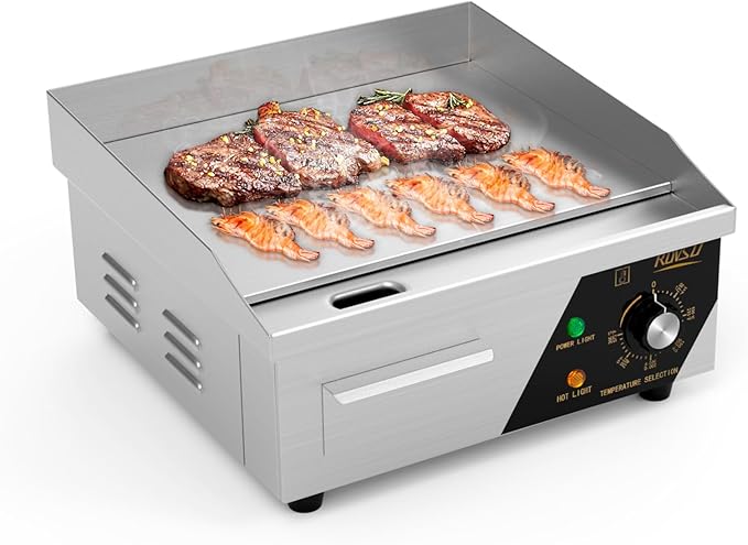 ROVSUN 14" Electric Countertop Flat Top Griddle, 1500W Electric Griddle, Teppanyaki Grill Stainless Steel with Adjustable Temperature Control 122°F-572°F for Home Restaurant Commercial