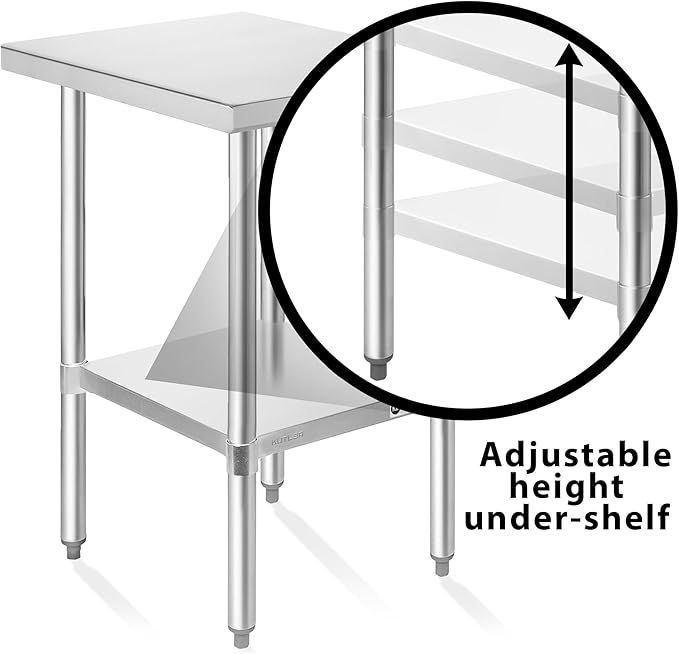 KUTLER Stainless Steel Table 30 x 18 Inches, NSF Heavy Duty Commercial Kitchen Prep and Work Table with Undershelf for Restaurant, Hotel, Home