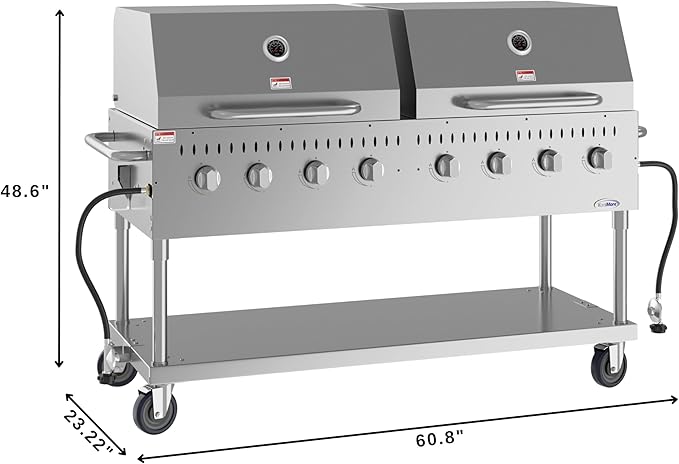 60 in. 8-Burner Commercial Outdoor Propane Gas Grill with 2 Roll Dome Covers in Stainless-Steel, ETL Listed (CGKIT6-D30D30)
