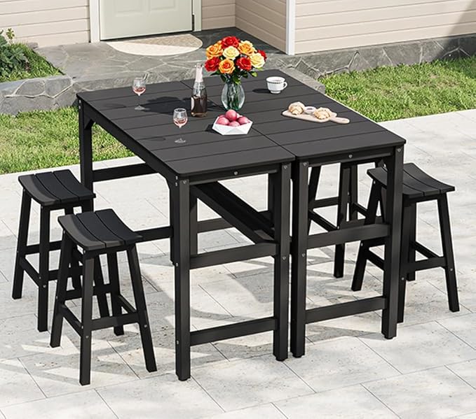 3 Piece Outdoor Bar Set, 42" Rectangular Pub Height High Top Bar Table & 2 Outdoor Bar Stools for Patio, Garden, Poolside and Bistro, Weatherproof, Black