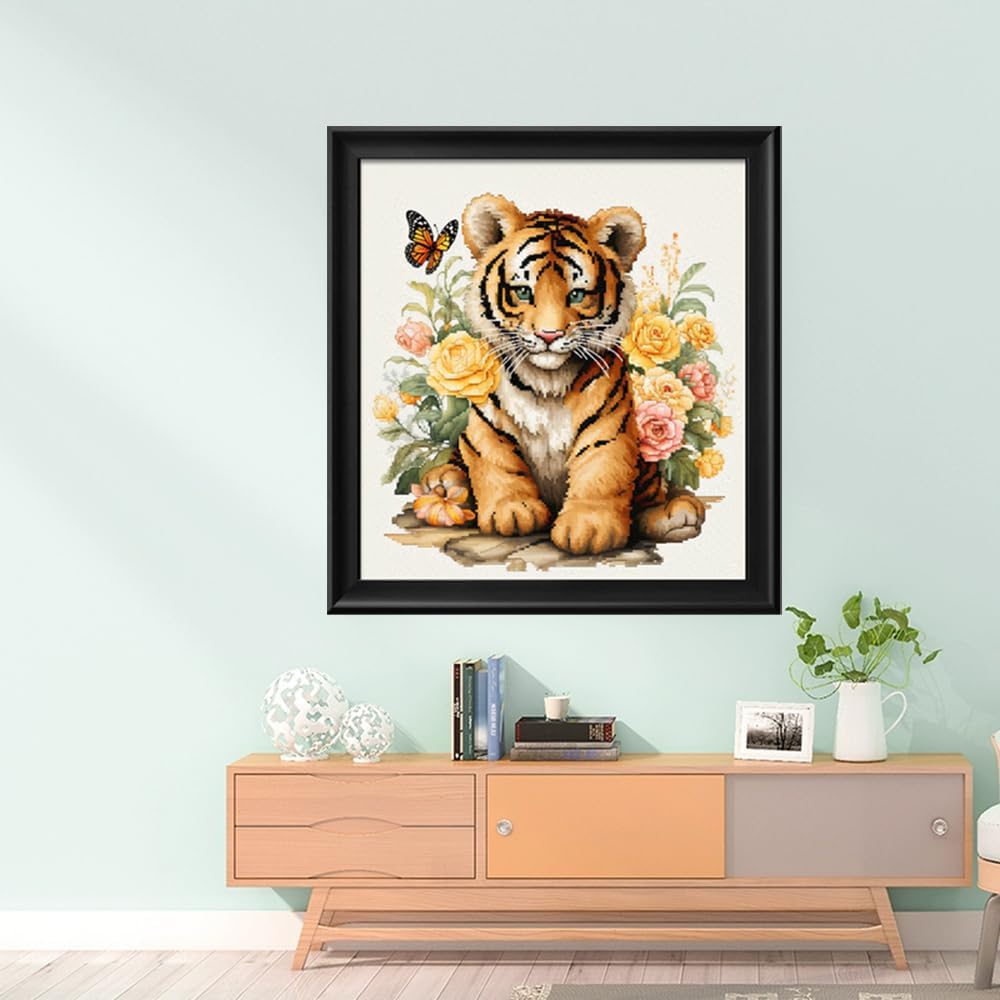 Leczany Cross Stitch Stamped Kit for Adults or Kids - Little Tiger and Butterfly | DIY Embroidery Starter Patterns Craft Kit Needlepoint for Beginner | 11CT, 3 Strands | 14.2x15.8 inches