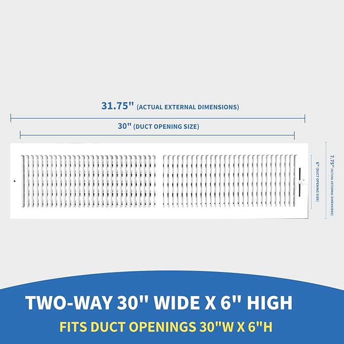 30x6 Vent Register [Duct Opening], Vent Covers for Home Ceiling, Two-Way Ventilation Register, Adjustable Solid Steel Wall Register Vent Cover (30"W x6"H [Duct Opening])