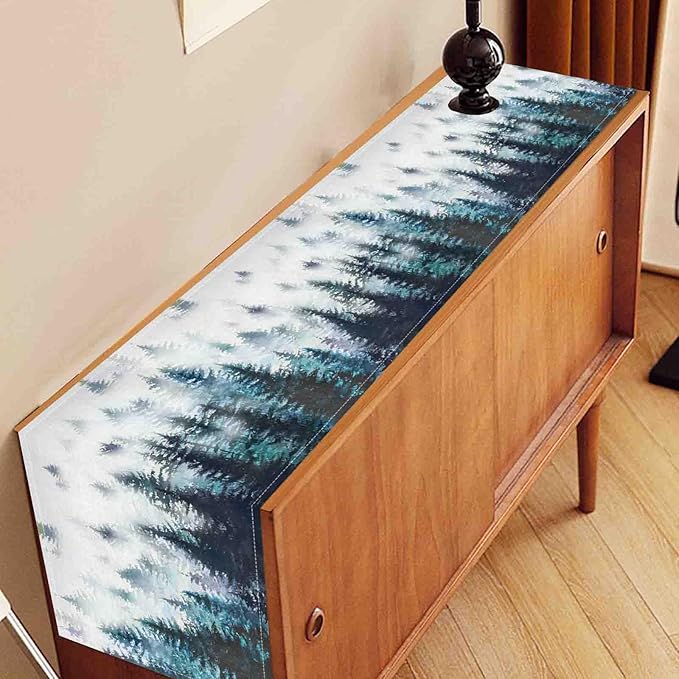 Green Forest Table Runner, Rustic Farmhouse Green Pine Tree Woodland Seasonal Mountain Country Coffee Table Center Decor for Home Kitchen Dining Patio Holiday Party Table Decorations, 13"x36" Inch