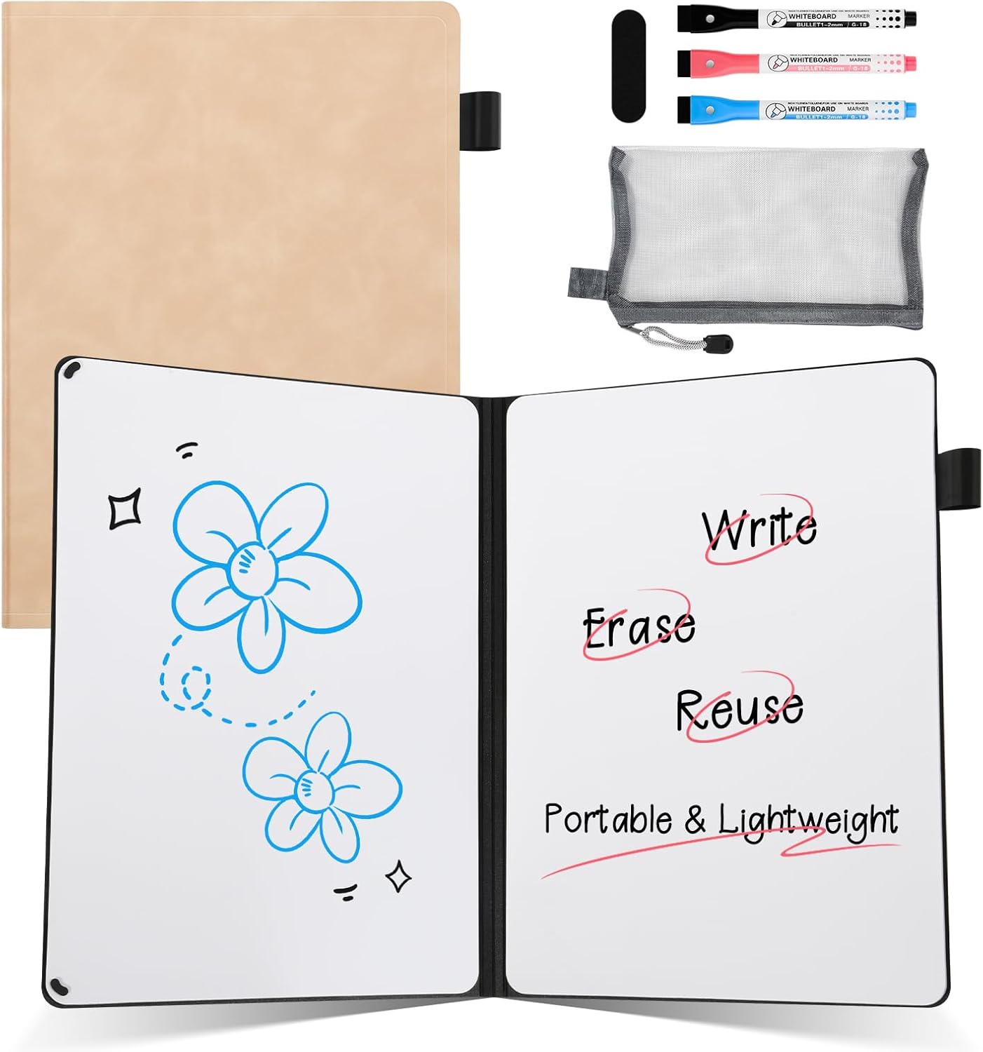AGM Portable White Board Dry Erase Notebook, 8.4" x 6" Double Sided Folding Whiteboards with 3 Pens, Small Travel Dry Erase Board Skin-Friendly Material for Study, Meeting, Planning, Rose Pink