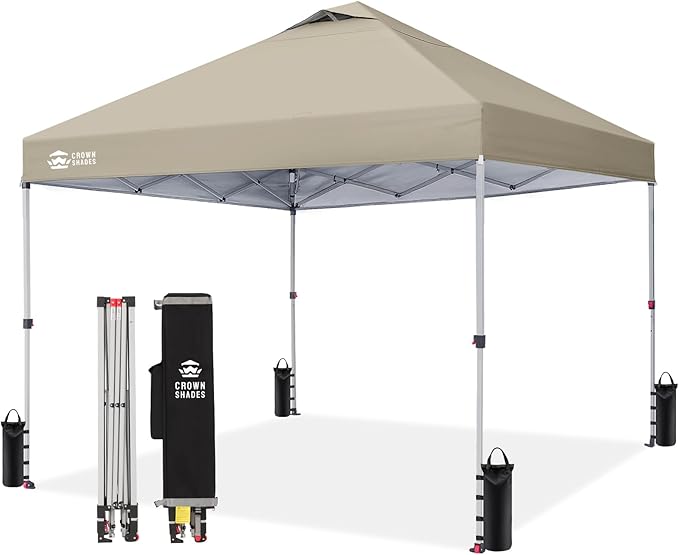 CROWN SHADES 10x10 Pop Up Canopy, Patented Center Lock One Push Tent Canopy, Newly Designed Storage Bag, 8 Stakes, 4 Ropes, Beige