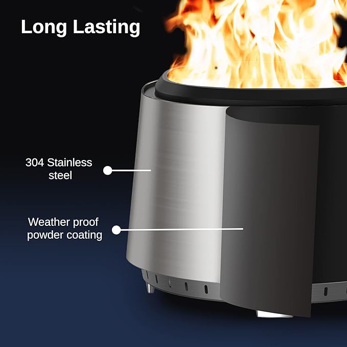 EAST OAK Camber Smokeless Fire Pit 17'', Stainless Steel Fire Pits for Outside Wood Burning Portable Small Fire Pit with Poker, Stand & Removable Ash Pan Bonfire Pit for Patio, Pitch Charcoal