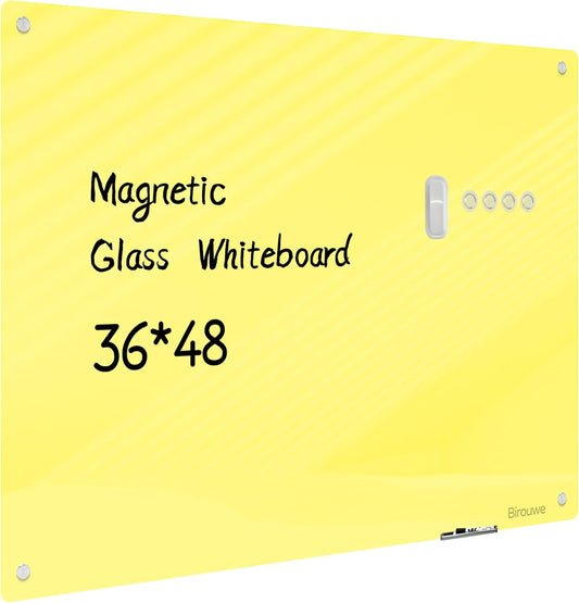 Magnetic Glass Whiteboard - Glass Dry Erase Board 48"x36" Large Frameless Glass Board for Walls Office School and Home, Yellow