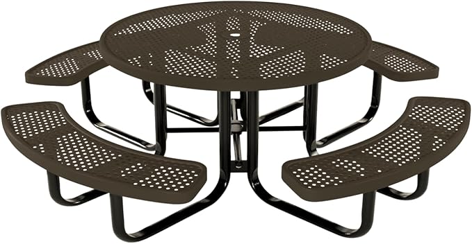 COATEDOUTDOORFURNITURE Heavy-Duty Portable Outdoor Kids Table with Umbrella Hole, Punched Steel Kids Picnic Table, Commercial-Grade, Made in America (46 in, Round, Childrens, Textured Brown)