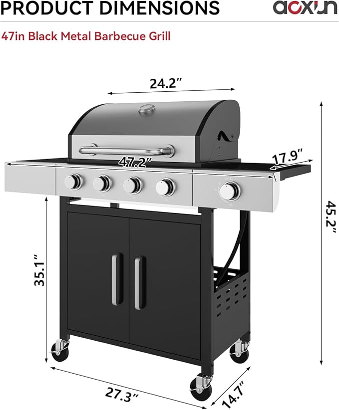 Aoxun 4-Burner Propane Grill with Side Burner, 49000 BTU Gas Grill, Stainless Steel Outdoor Grill with Cast Iron Grates & Side Tables for Backyard, Patio, Camping