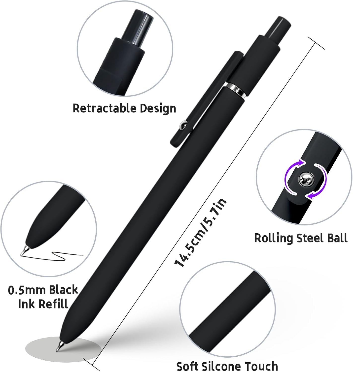 6 Pcs Gel Pens 0.5mm Quick Dry Black Ink Pens Fine Point Smooth Writing Pen, Cute Office and School Supplies Gifts for Women Teacher Students (6 Pcs Black White Grey Silver)