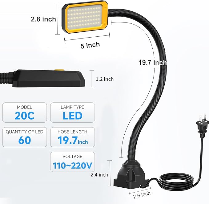 20" LED Gooseneck Work Light 1500LM, Adjustable Machine Lamp w/Screw Mount Base for Lathe, Drill Press, Workbench & Workshop