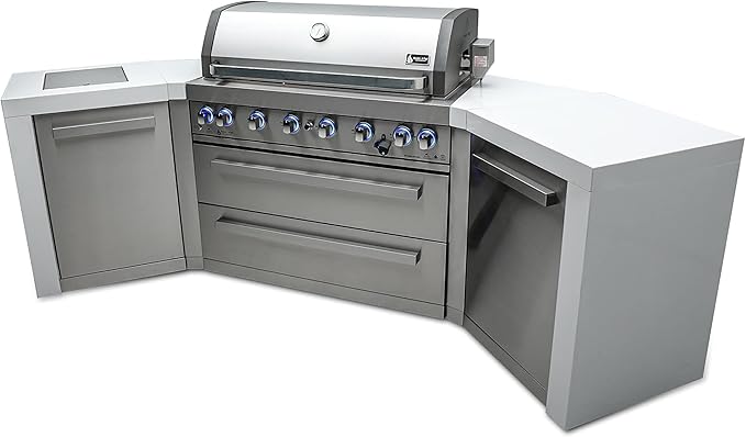 Mont Alpi 44-Inch MAi805-D45 Deluxe 45 Degree 6-Burner 115000 BTU Deluxe Stainless Steel Island Outdoor Kitchen Gas Barbecue Grill w/Granite Countertops & Sides + Storage Drawers & Cabinets