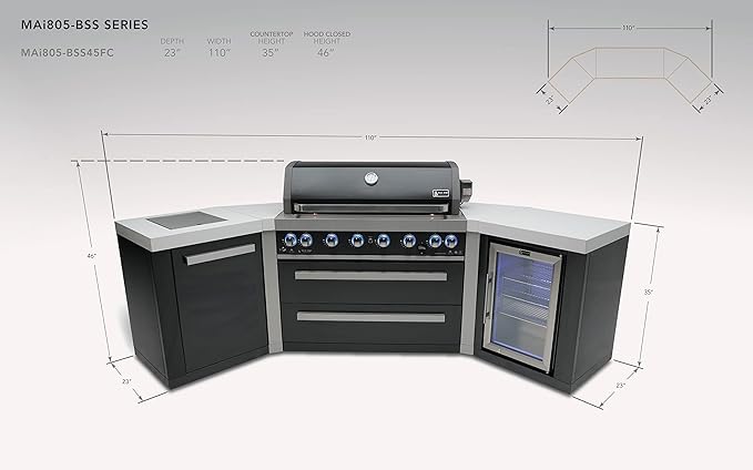 Mont Alpi MAi805-BSS45FC 44-inch 6-Burner 115000 BTU 45 Degree Black Stainless Steel Gas Outdoor Kitchen Bar Island Grill w/Fridge Cabinet + Infrared Side & Rear Burner