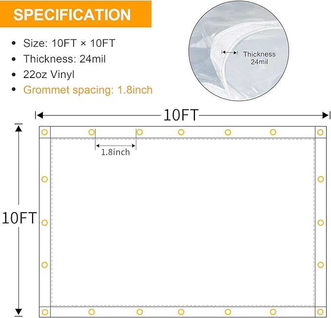 10 x 10FT Outdoor Clear Tarp Curtain Waterproof Wind-Proof 24 Mil Transparent Vinyl Tarp for Patio Pergola Garden Canopy Rainproof Anti-Tear PVC Thick Cover with Grommets