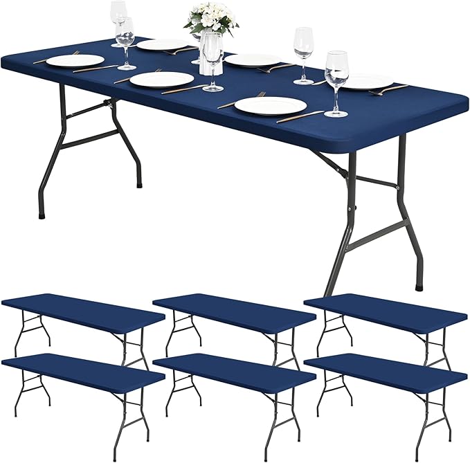 6 Pack Stretch Fabric Table Top Cap Cover, fits 6Ft Tables, Spandex Table Covers Washable Elastic Universal Rectangle Tablecloth Protector for Outdoor Party Picnic Wedding, Navy Blue, 30" W x 72" L