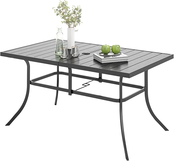 Outdoor Patio Dining Table for 6, 60" x 35" Rectangular Metal Patio Dining Table with Umbrella Hole for Garden, All Weather Wrought Iron Black Outdoor Table for Backyard and Porch