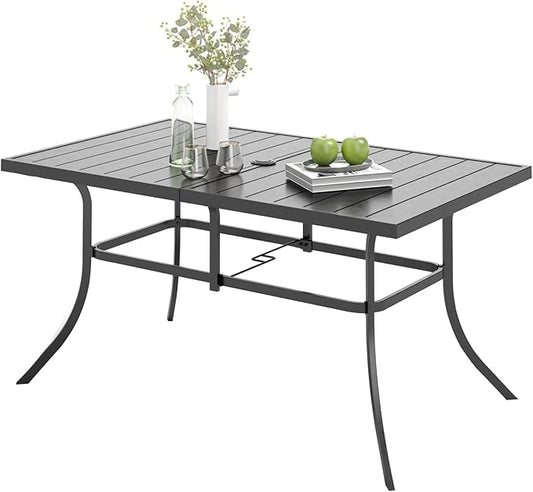 Outdoor Patio Dining Table for 6, 60" x 35" Rectangular Metal Patio Dining Table with Umbrella Hole for Garden, All Weather Wrought Iron Black Outdoor Table for Backyard and Porch