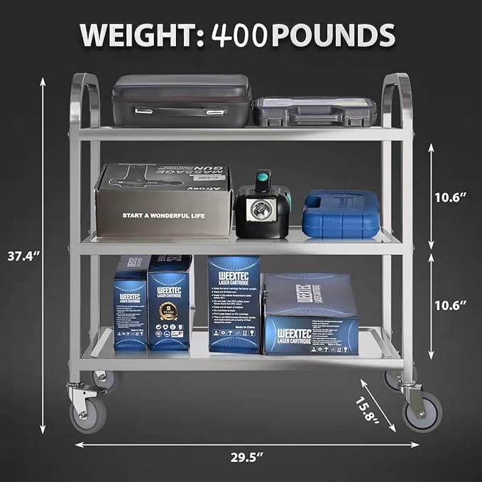 3 Shelf Stainless Steel cart,400 lbs,1MM Thick，Serving cart with Wheels, Household, Service Trolley,360°Rotation Storage Shelf with Locking Wheels 29.5 * 15.7 * 37.4'' L*W*H S.