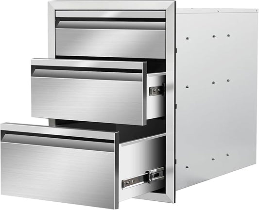 Outdoor Kitchen Drawers 16" W x 21" H x 23" D Stainless Steel Triple Drawers with Hidden Handle for BBQ Island, Patio Grill Station & Outdoor Kitchen Cabinets