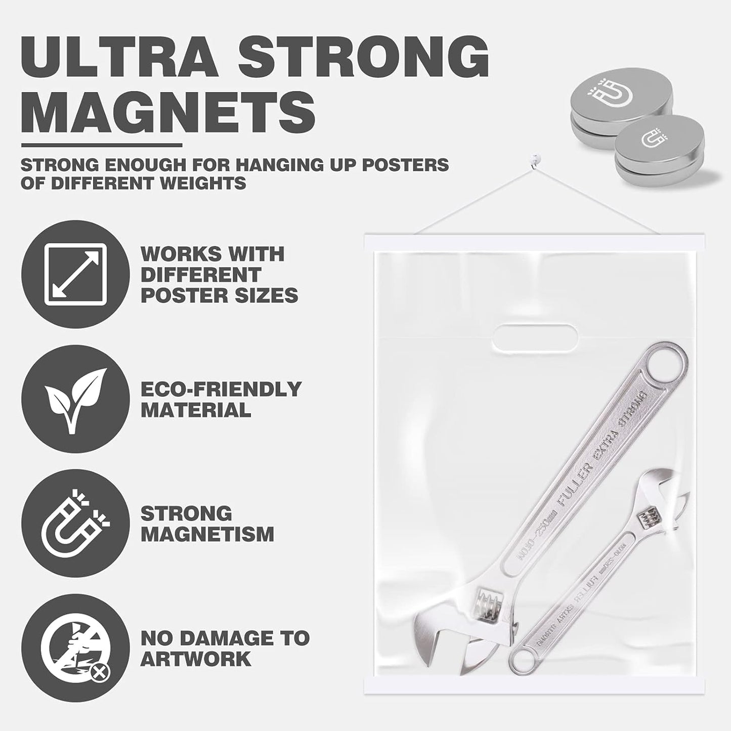 Ywlake Magnetic Poster Hanger, 11x17 11x14 11x22 Poster Frame Wood Wooden Magnet Print Posters Dowel Scroll Hanger Hangers Hanging Kit for Walls Map Canvas Artwork (White, 11")