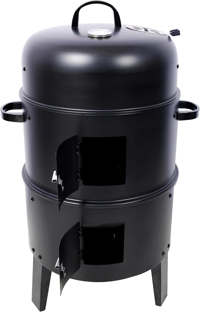 17 Inch Charcoal Smoker Grill, Heavy Duty Vertical BBQ Smoker with Thermometer, Dual Access Doors, Adjustable Air Vent, Outdoor Steel Grill for Smoking & Grilling