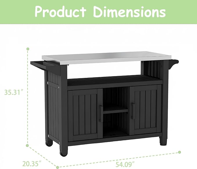 Kitchen Island Cart, 54" Outdoor Indoor Rolling Patio Serving Table with Stainless Steel Top, All-Weather Resin Cabinet with Storage & Wheels for BBQ Party, Black