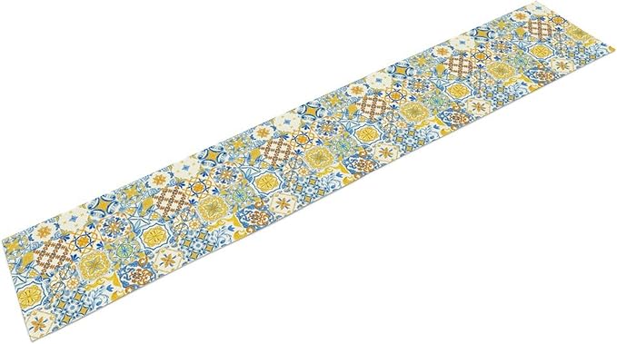 Mexican Table Runner, Blue Rustic Mexico Talavera Ceramic Dia De Los Muertos Coffee Table Center Decor for Family Home Kitchen and Dining Farmhouse Indoor Outdoor Table Decorations, 13" X 72"