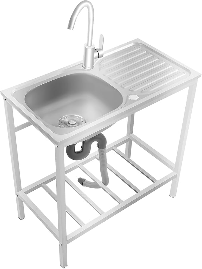 Portable Outdoor Utility Sink, Free Standing Single Bowl Kitchen Sink with Storage Shelf Faucet Operation Countertop, Commercial Stainless Steel Sink Adjustable Support Feet (30X16X30in)