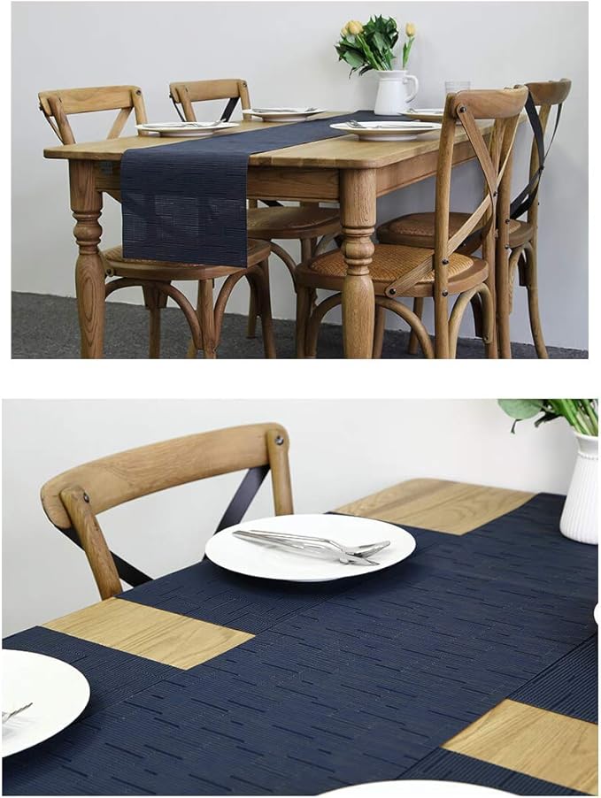 PIGCHCY Elegant Placemats with Matching Table Runner,Washable Durable Durable Vinyl Woven Table Mats Sets(6pcs Placemats+1pcs Table Runner,Same Style,Navy Blue)