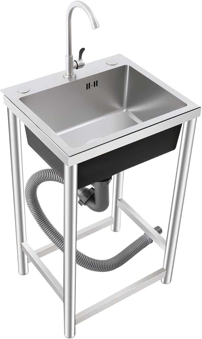 Free Standing Single Bowl Kitchen Sink Commercial, Outdoor Utility Sink Stainless Steel with Water Pipe Faucet Small Portable Sink Hand Wash Station for Garage Garden Backyard (18X16X30in)