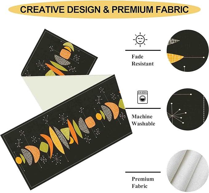 Mid Century Modern Table Runner, Retro 1950s Atomic Modern Abstract Black Orange Coffee Table Center Decor for Home Kitchen Dining Patio Holiday Party Table Decorations, 13"x90" Inch