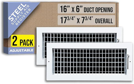 [2 Pack] Fits 16x6 Duct Opening Steel Adjustable Air Supply Grille by Handua | Register Vent Cover Grill for Sidewall and Ceiling | White | Out. Dim.: 17.75" X 7.75"
