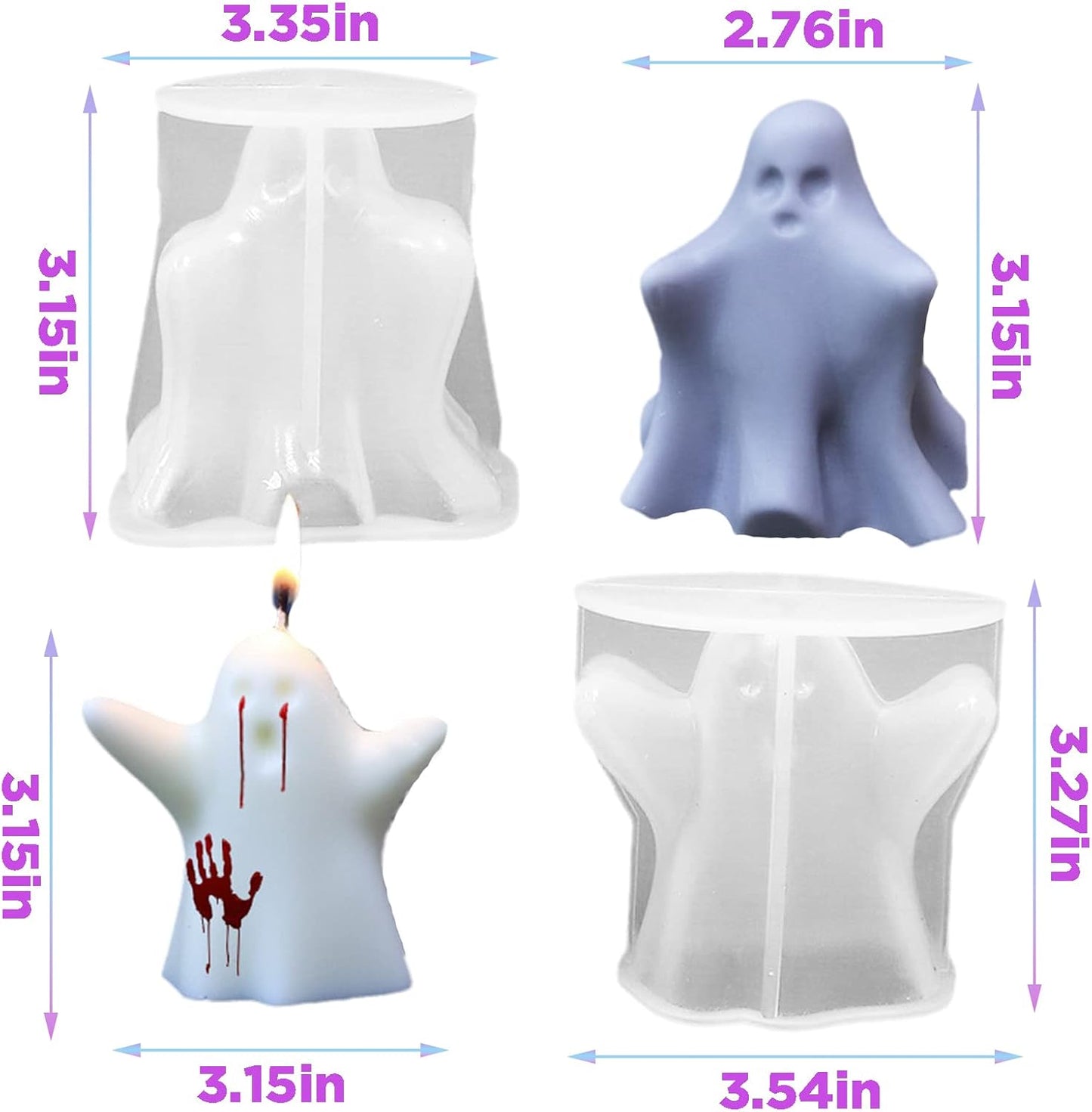 Silicone Candle Molds Set, 2 Pieces Ghost Halloween Molds and 20 Pieces Candle Wick, Horror Skull Handmade Soap Gypsum Mould for Scented Candle Making Home Decoration Supplies