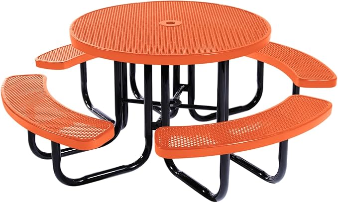 COATEDOUTDOORFURNITURE Heavy-Duty Portable Outdoor Picnic Table with Umbrella Hole, Punched Steel Commercial-Grade Patio Dining Furniture Made in America (46" Round Top, Orange)